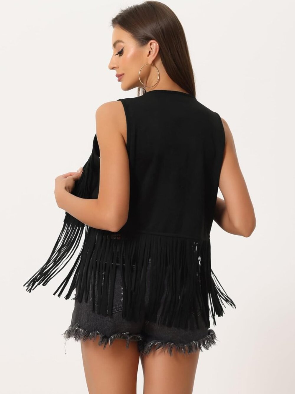Women's Black Faux Suede Fringe Top Vest Open Front Western Tassel Cardigan - Picture 4 of 5